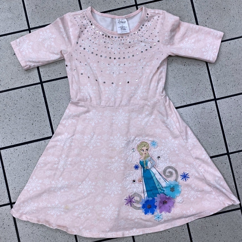 Disney Store Frozen Elsa Dress Girls 5/6 Pink Good Snowflake Sequin Skater